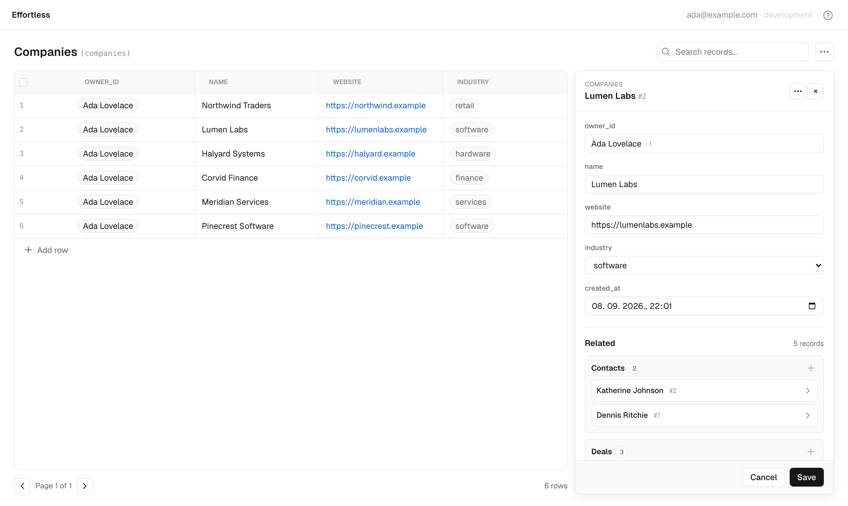 The record drawer open on a company: a form for each column, then a Related section listing the company's contacts and deals with buttons to add more.